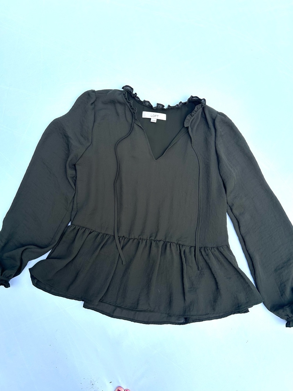 LOFT Black Long-Sleeve Peplum Ruffle Tie Blouse